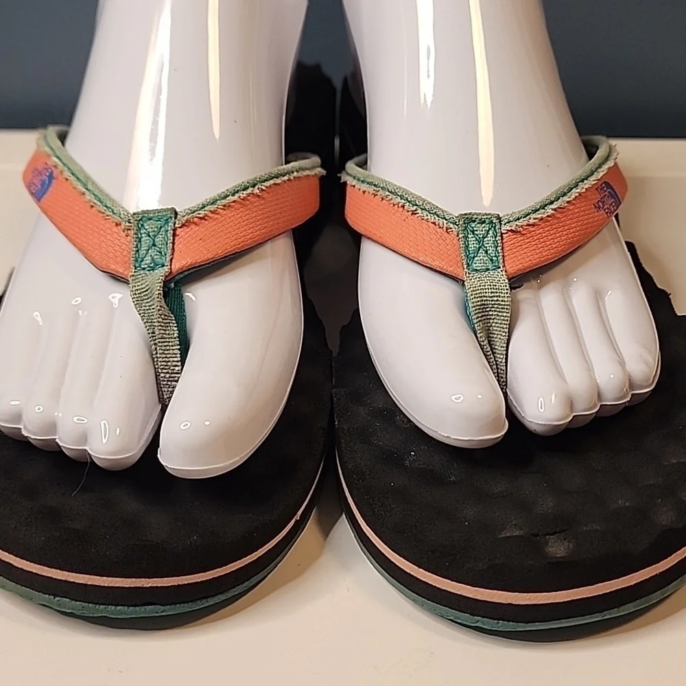 The North Face Orange Teal Black Sandals Elevated Heel Thong Flip Flop Womens